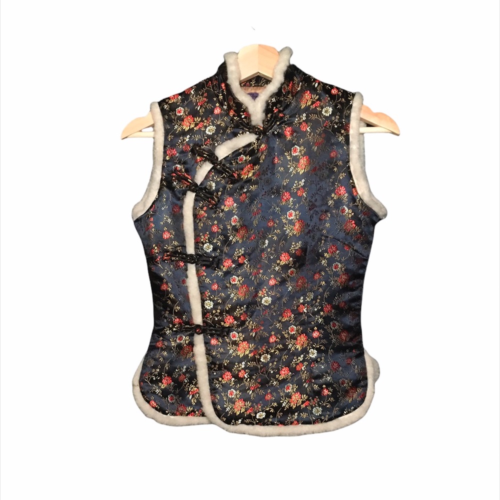 Traditional Chinese Floral Brocade Vest sz XS